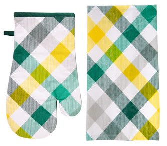 Kuchyňský DÁRKOVÝ set bavlněná utěrka/rukavice - chňapka GRASS žlutá, KOSTKA ESSEX