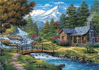 Puzzle 2000 Chatka nad rzeką w górach