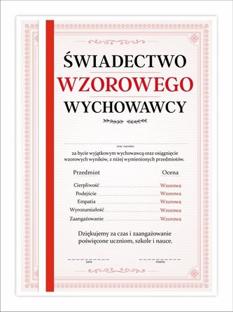 Świadectwo A4 wzorowego wychowawcy - pasek 10szt